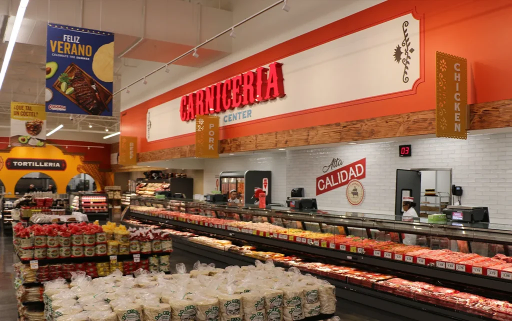 Cardenas Markets' vibrant meat counter with marinated options ready for grilling